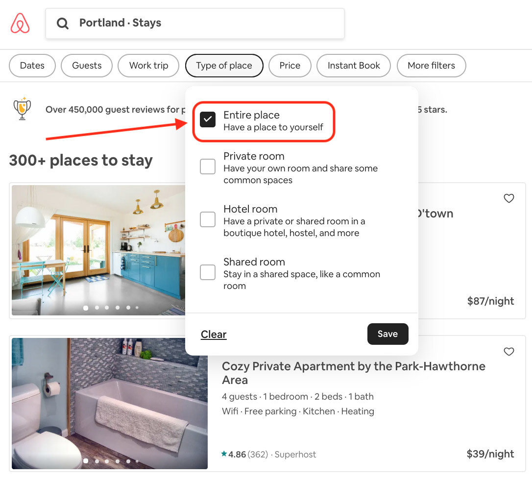  Airbnb过滤整个地方