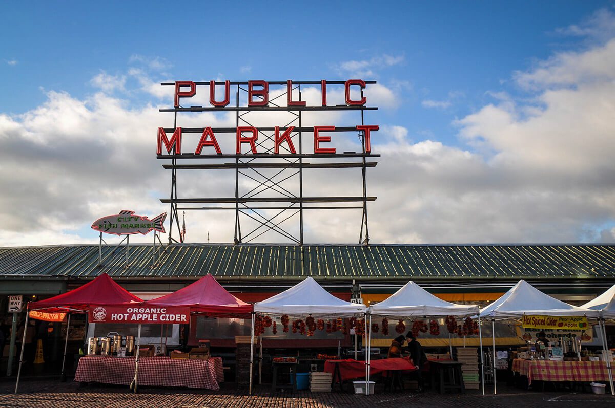 Famous Pikes Place Farmers Market sign in Seattle